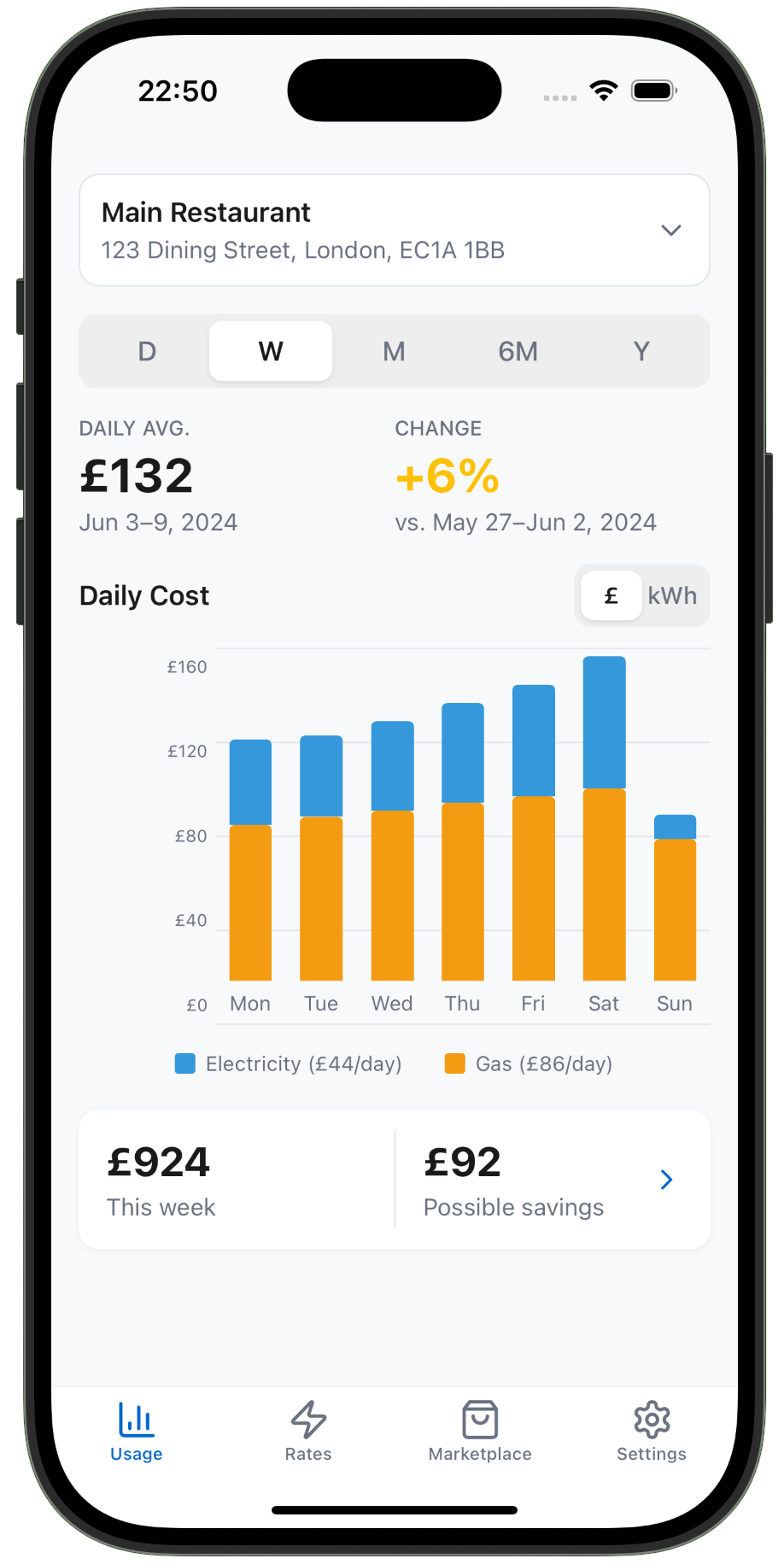 VoltView app showing energy usage